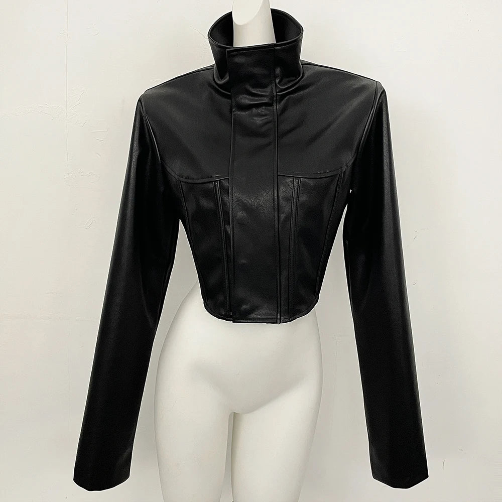 OFTBUY New Women's Faux Leather Cropped Jacket Stand Collar Asymmetric Hem Closure Streetwear Fashion Outerwear Clothing Female