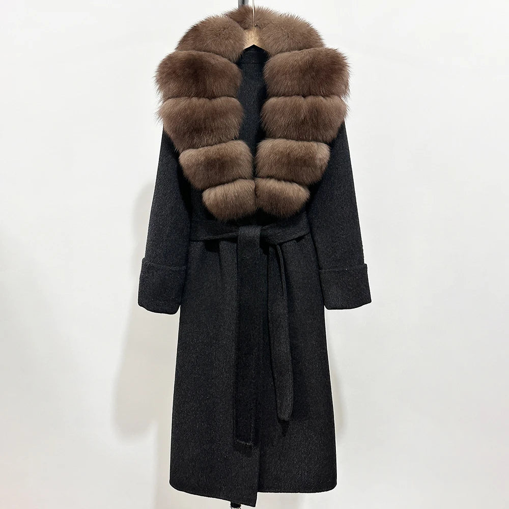 OFTBUY Long Belt 100% Wool Coat with Real Fox Fur Collar Warm Natural Fur Woolen Jacket Female New Autumn Winter Clothing Women