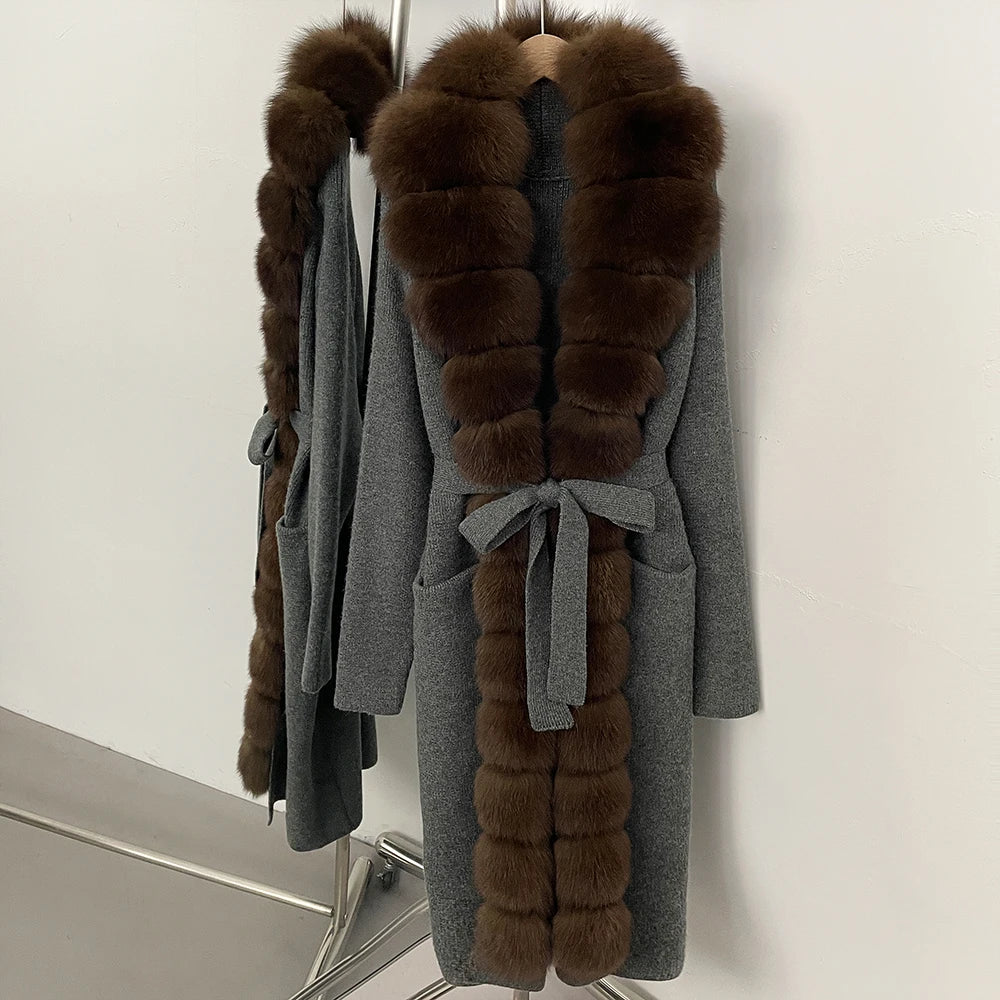 OFTBUY New Women's Knit Long Coat with Full Real Fox Fur  Belted Pockets Warm Winter Elegant Fashion Outerwear Cardigan Sweater