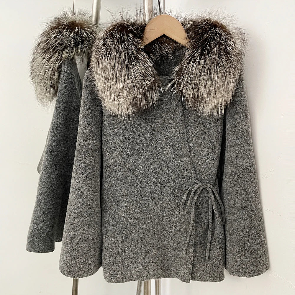 OFTBUY Women's Real Fox Raccoon Fur Collar Knit Wrap Coat Drawstring Waist Autumn Winter Cardigan Jacket Female Luxury Outerwear