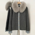 OFTBUY Denim Trim Warm Autumn Winter Fashion Outerwear Sweater Female New Women's Knit Cardigan with Large Real Fox Fur Collar