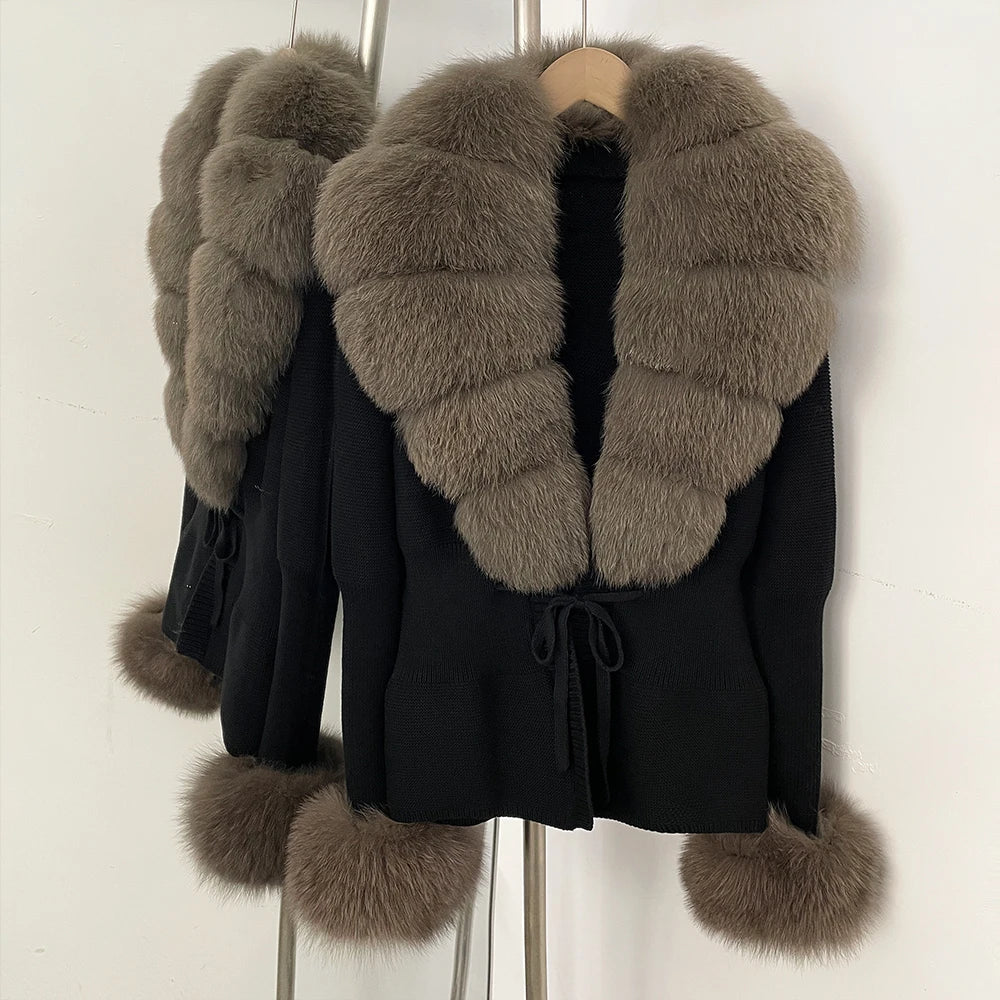 OFTBUY New Autumn Winter Knit Cardigan Women Fashion Warm Clothes with Real Fox Fur Luxury Natural Fur Sweater Jacket Female