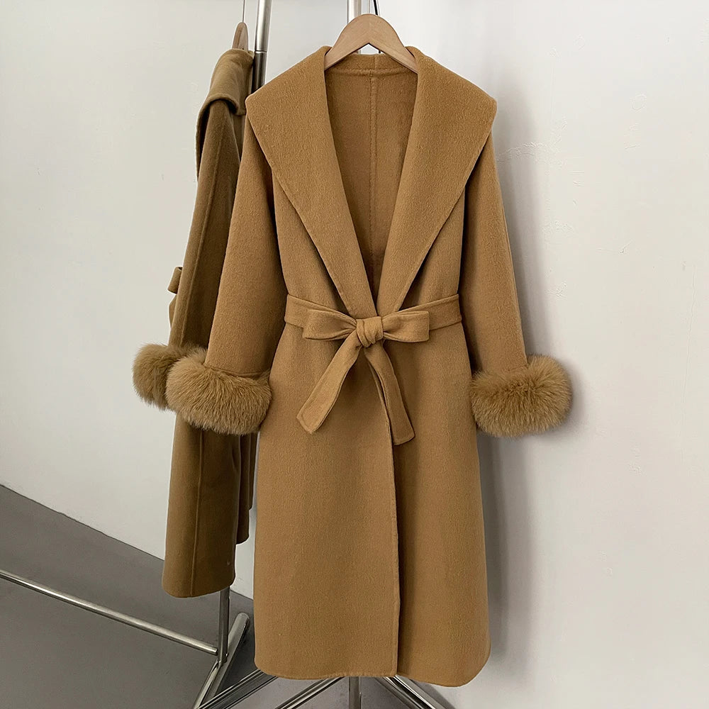 OFTBUY New Women's Double-Faced Wool Coat with Real Fox Fur Cuffs Wide Lapel Belted Bow Long Warm Winter Elegant Outerwear Lady
