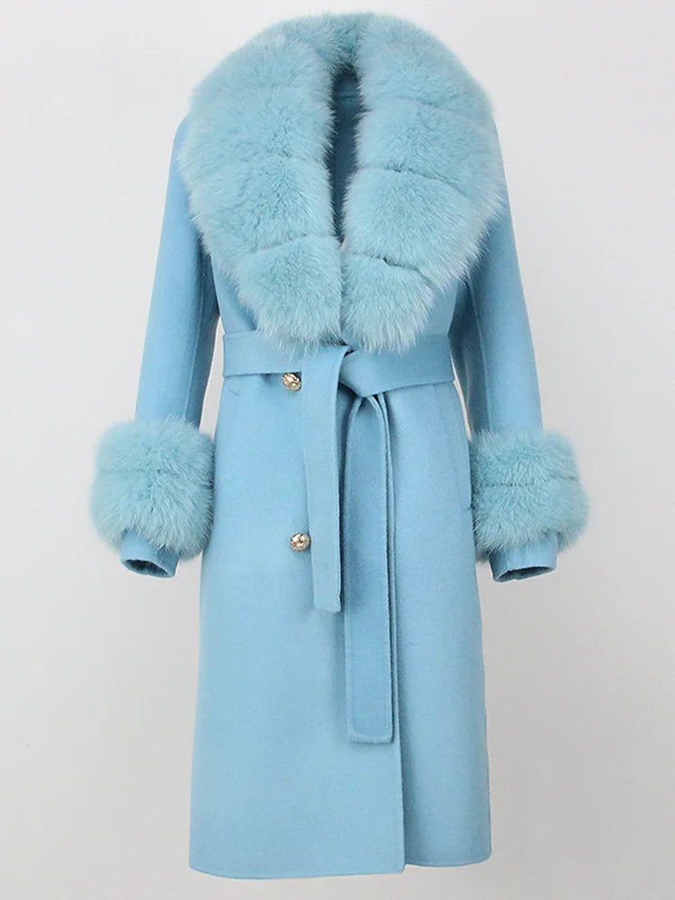 OFTBUY Winter Jacket Women Long Natural Wool Blends Cashmere Real Fur Coat Double Breasted Belt Warm Streetwear New Fashion
