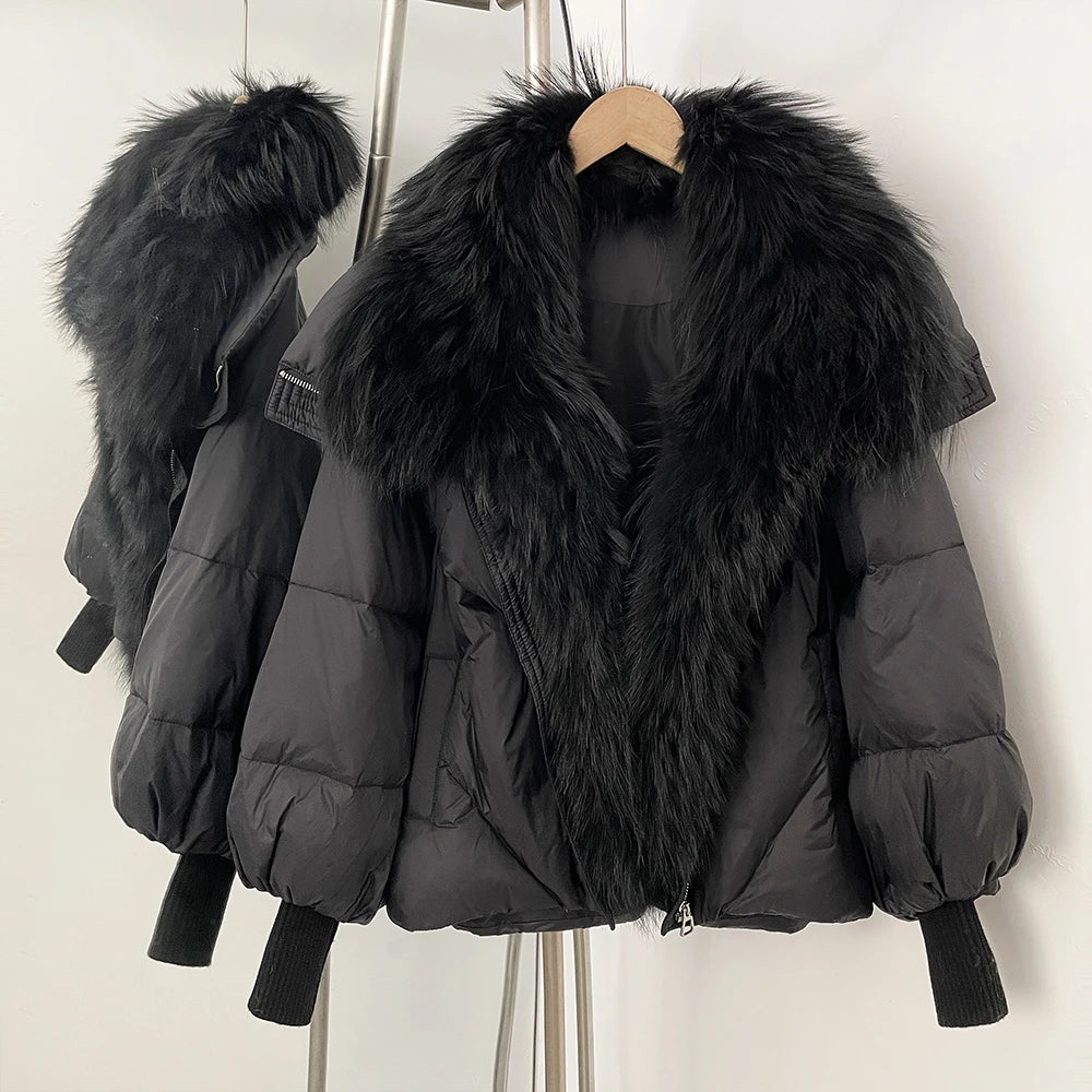 OFTBUY New Women's Duck Down Jacket Whit Large Real Fox Fur Collar Puffy Sleeve Warm Loose Puffer Jacket Winter Luxury Outerwear