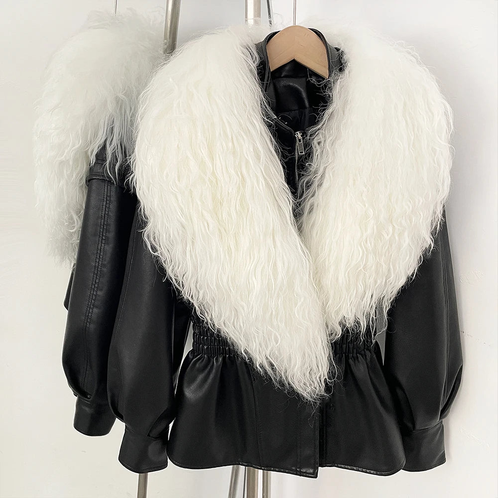 OFTBUY New Spring Autumn Faux Leather Jacket Female Real Mongolia Sheep Fur Pu Leather Coat Women Luxury Fashion Streetwear