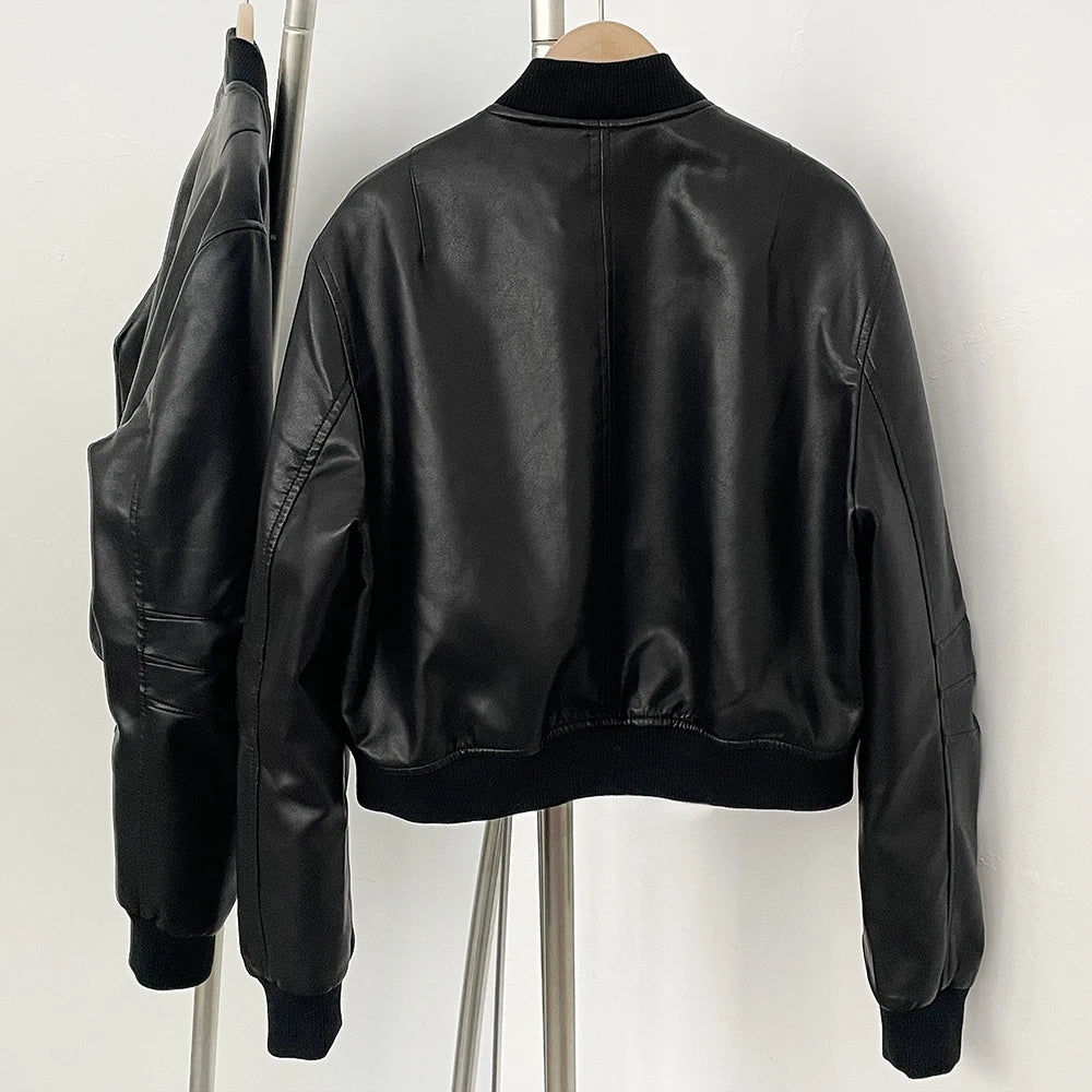 OFTBUY New Spring Autumn Faux Leather Jacket Female Fashion Knitted Collar Fake Leather Coat Women High Quality Black Clothes