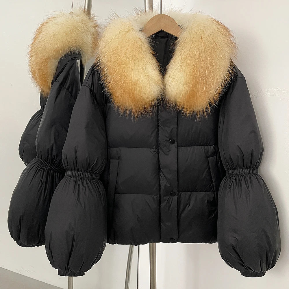 OFTBUY New Winter Loose Top Clothes Women Real Fox Fur Fluffy Puffer Jacket Female Lantern Sleeves Natural Fur Collar Down Coat