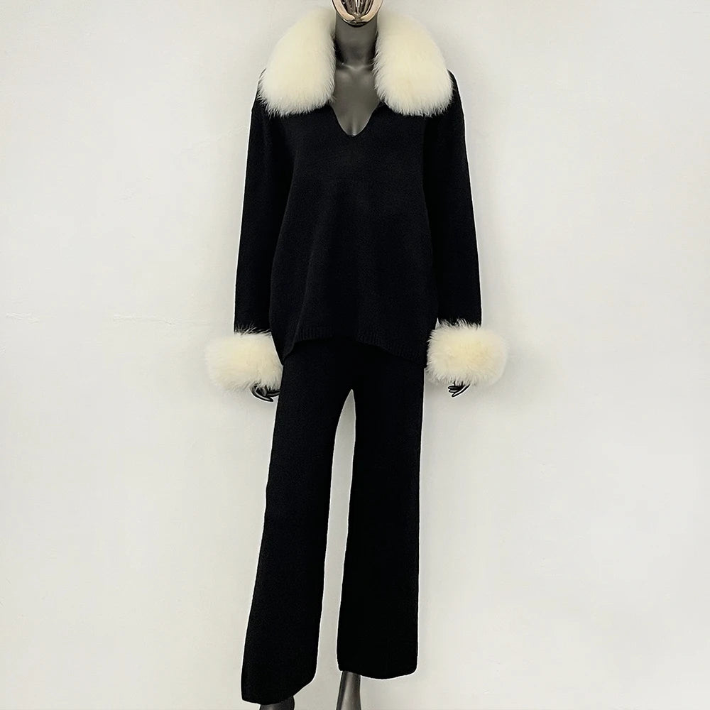 OFTBUY Loose Pants Warm Winter Elegant Casual Outfit Sweater Female New Women's Knit Two Piece Set with Real Fox Fur Collar