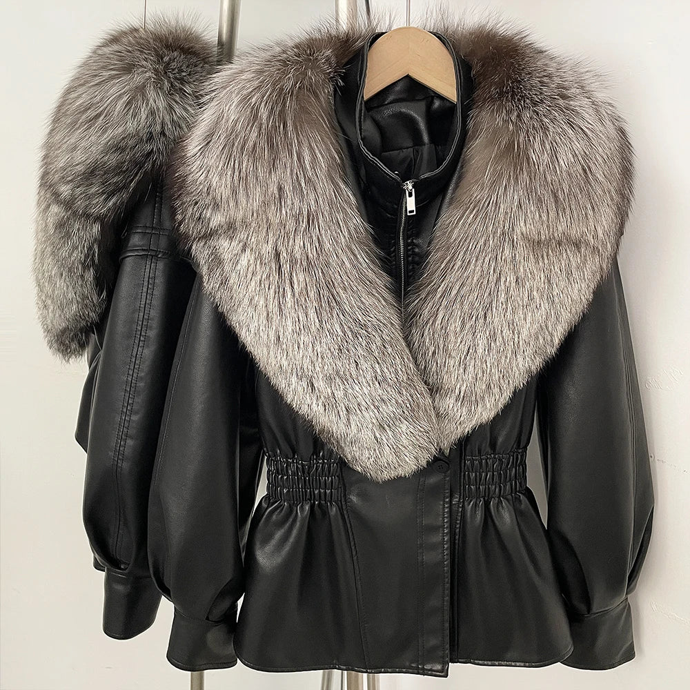 OFTBUY Women's Luxury Real Fox/Raccoon Fur Faux Leather Jacket Elastic Waist New Winter Coat Elegant PU Leather Outerwear Female