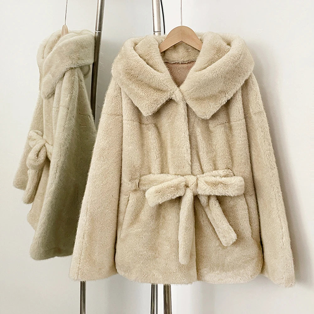 OFTBUY Wholesale Hooded Belt Faux Fur Coat Female Thickened Warm Fluffy Fake Fur Jacket Women New Winter Long Sleeve Fur Clothes Female