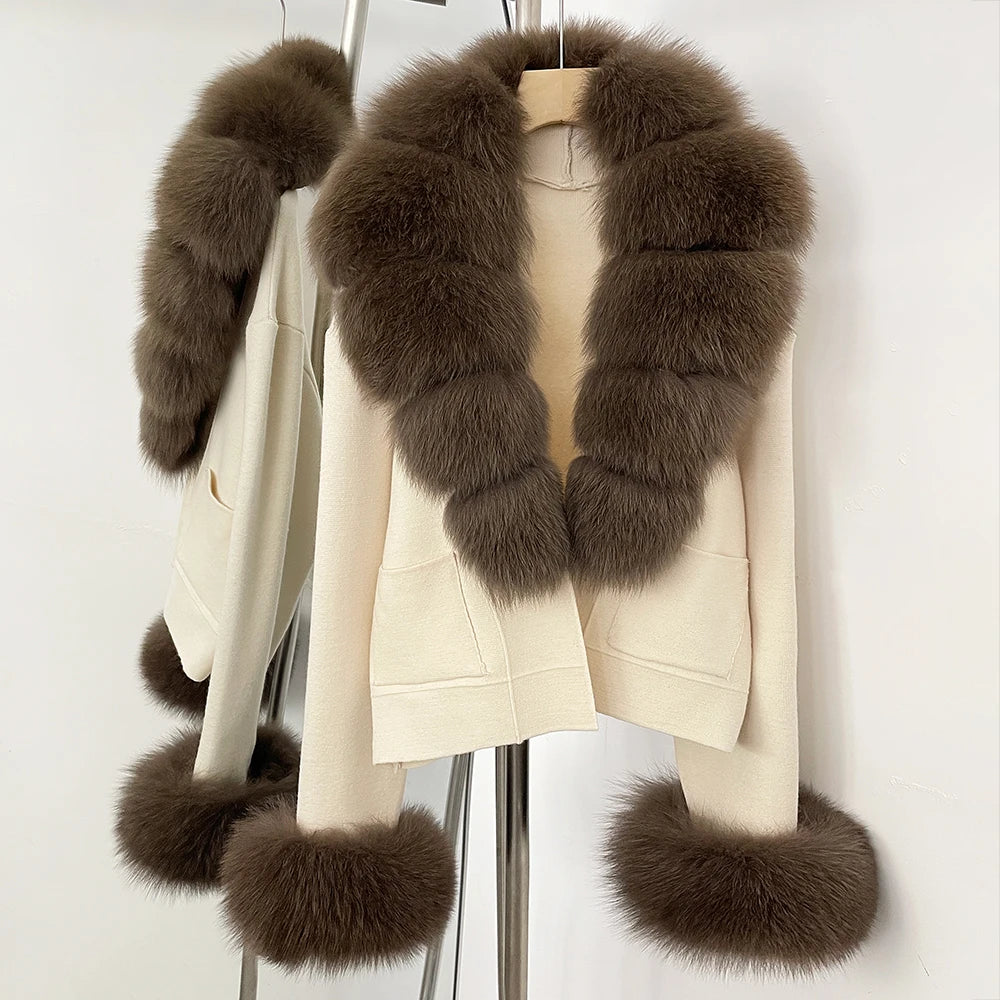 OFTBUY Loose Fit Warm Winter Fashion Lady Outerwear Sweater Female New Women's Knit Cardigan with Large Real Fox Fur Collar