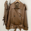 OFTBUY Women's Vintage Brown Faux Leather Trench Coat Double Breasted PU Jacket with Waist Belt Elegant Office Outerwear Female