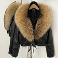 OFTBUY Women's Black Faux Leather Moto Jacket with Real Fox Fur Collar PU Leather Cropped Biker Coat Female New Winter Outerwear