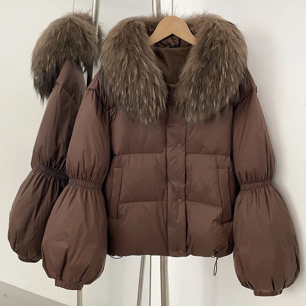 OFTBUY New Winter Loose Top Clothes Women Real Fox Fur Fluffy Puffer Jacket Female Lantern Sleeves Natural Fur Collar Down Coat