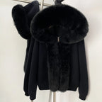OFTBUY Luxury Viscose Blend Knitted Jacket with Real Fox Fur Hood & Trim - Premium Zip-Up Sweater with Oversized Fur Collar