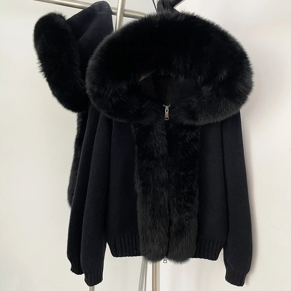 OFTBUY Luxury Viscose Blend Knitted Jacket with Real Fox Fur Hood & Trim - Premium Zip-Up Sweater with Oversized Fur Collar