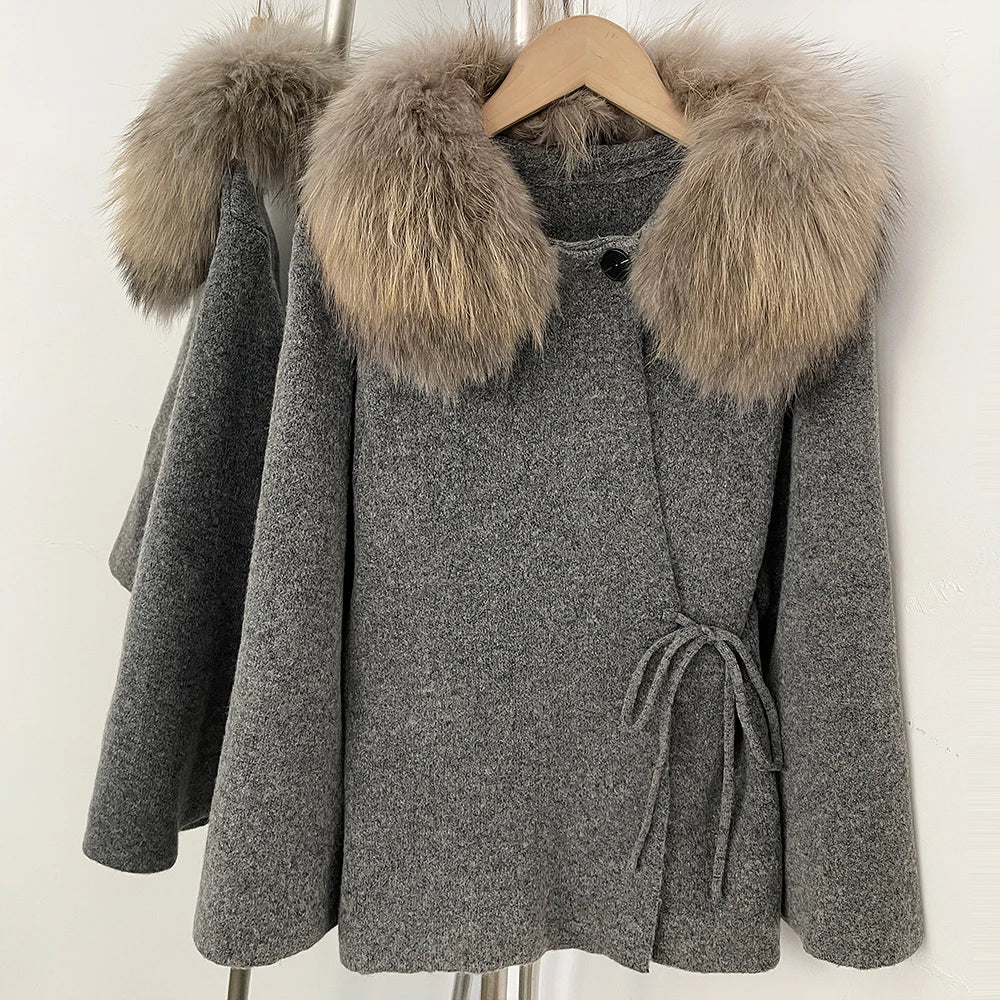 OFTBUY Women's Real Fox Raccoon Fur Collar Knit Wrap Coat Drawstring Waist Autumn Winter Cardigan Jacket Female Luxury Outerwear