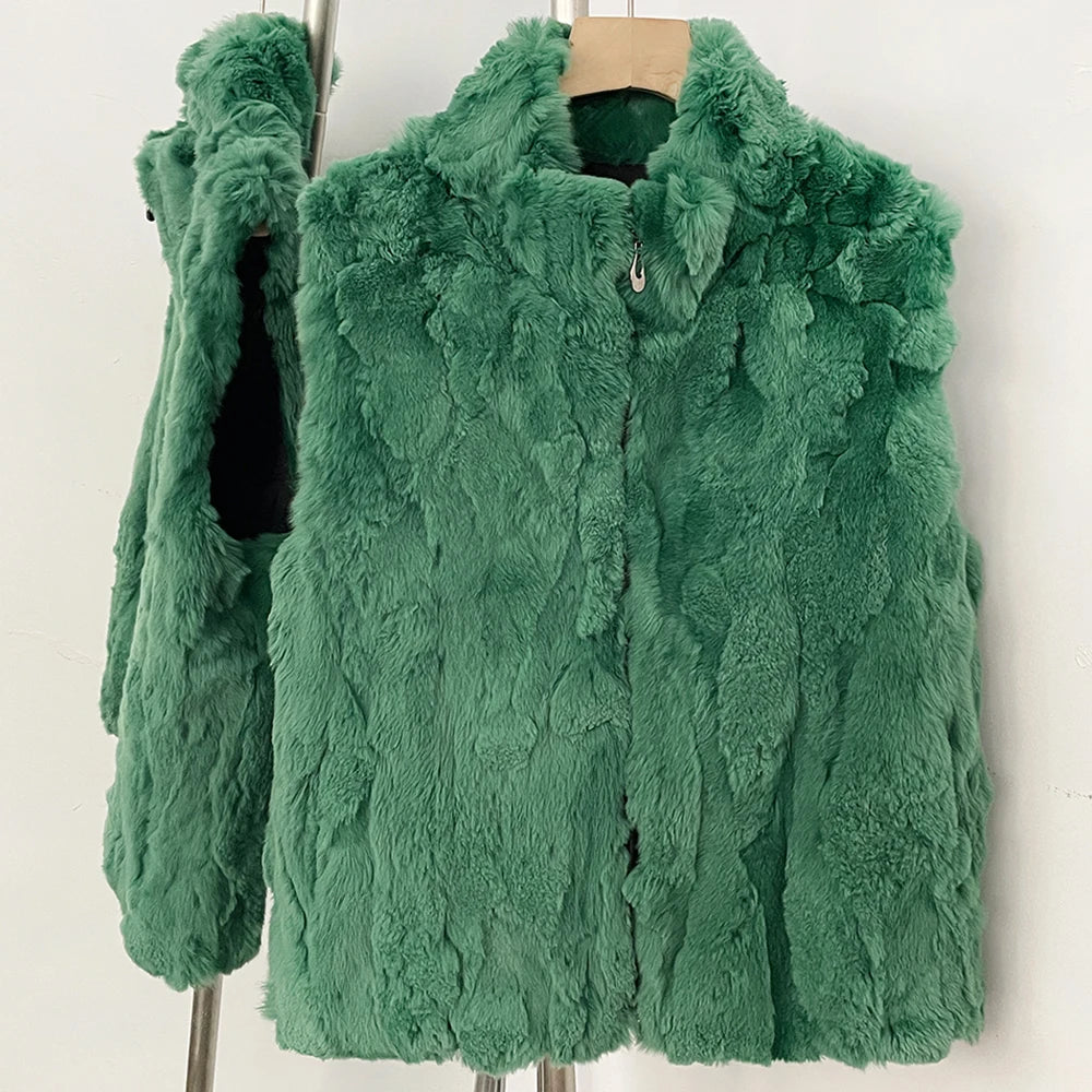 OFTBUY Women's Real Rex Rabbit Fur Hooded Coat Short Zipper Natural Fur Jacket Female New Autumn Winter Fashion Luxury Outerwear