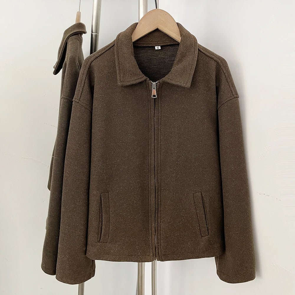 OFTBUY New Women's Brown Knit Zip Up Jacket Lapel Collar Casual Sweater Coat Female Loose Warm Autumn Winter Cardigan Outerwear