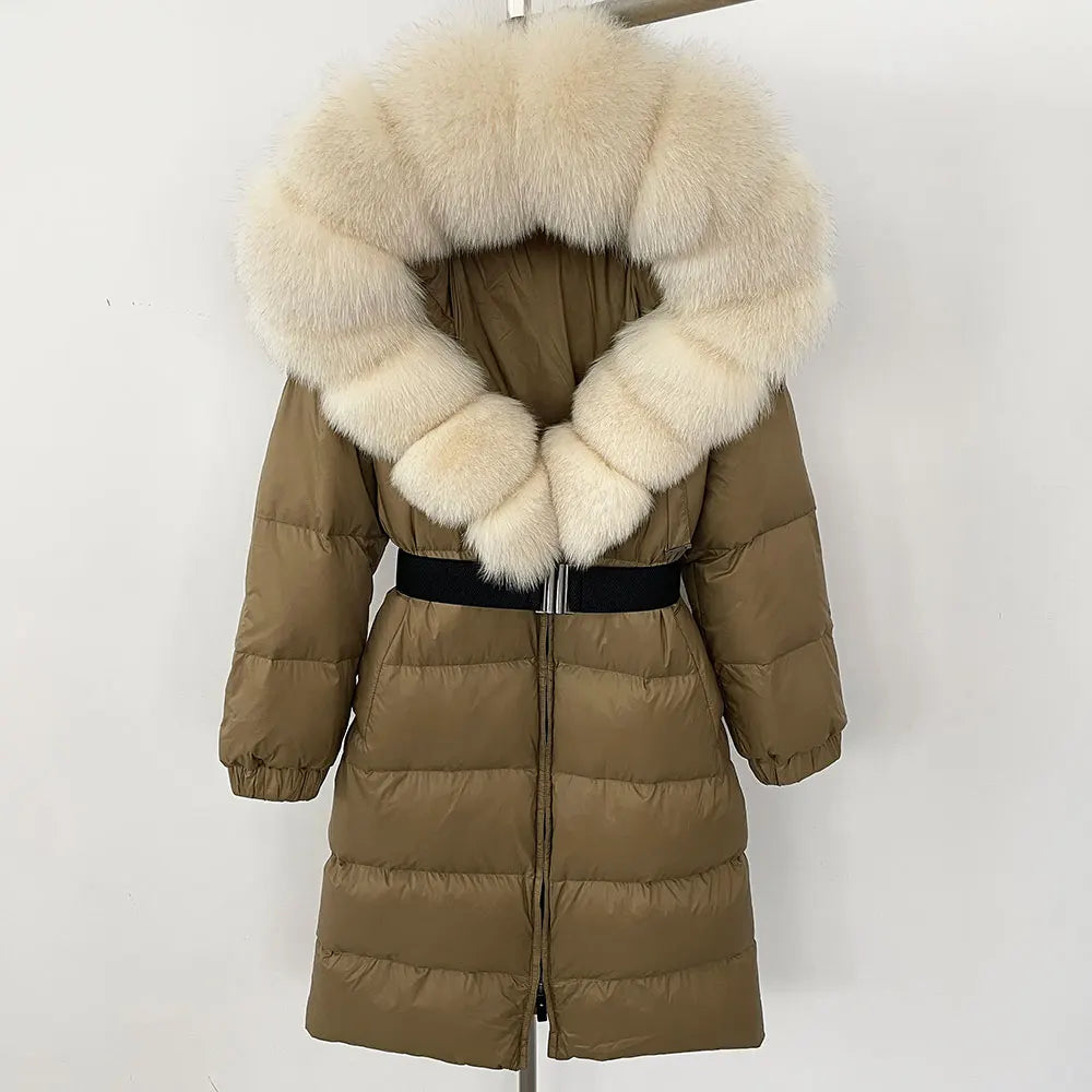 OFTBUY New Natural Thick Warm Duck Down Coat Female Long Winter Jacket Women Real Big Fox Fur Collar Belt Loose Puffer Parka
