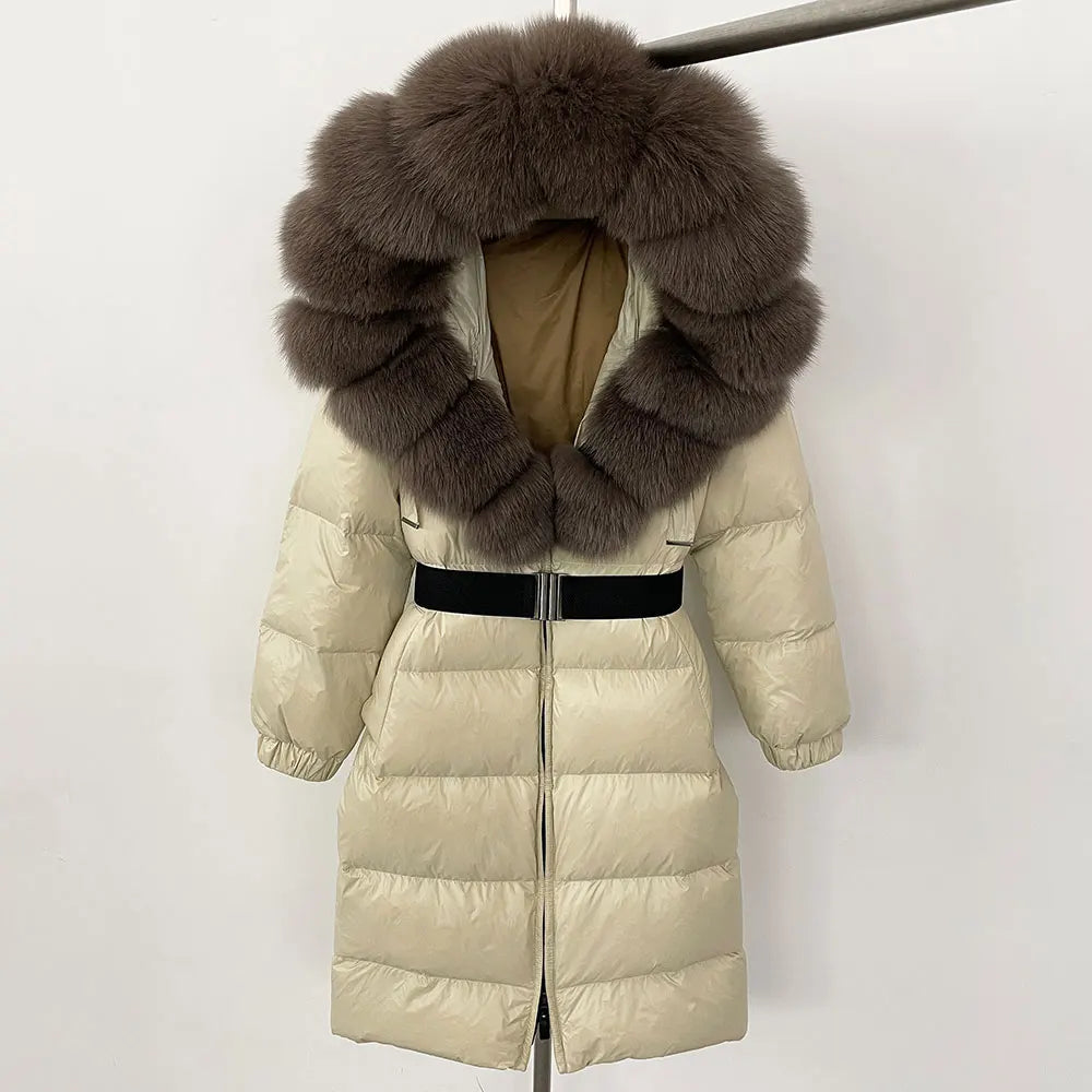 OFTBUY New Natural Thick Warm Duck Down Coat Female Long Winter Jacket Women Real Big Fox Fur Collar Belt Loose Puffer Parka