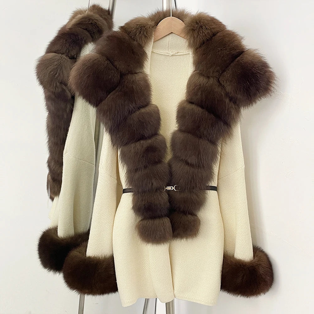 OFTBUY Belt Loose Fit Warm Winter Fashion Outerwear Natural Fur Sweater Female New Women's Knit Coat with Large Real Fox Fur