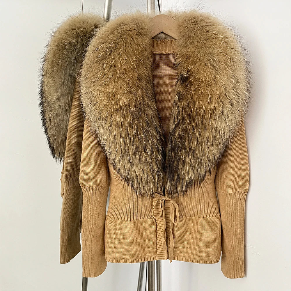 OFTBUY Luxury 100% Cotton Jacket with Real Fox Fur Collar New Autumn Winter Knit Cardigan Women Slim Warm Sweater Outerwear Lady