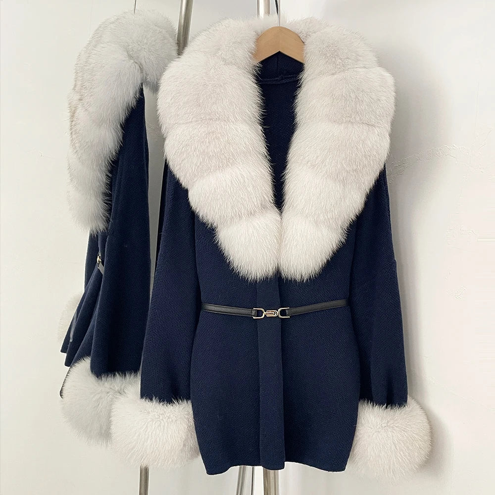 OFTBUY Belt Knit Warm Winter Luxury Casual Fashion Outerwear Sweater Female New Women's Knit Coat with Large Real Fox Fur Collar