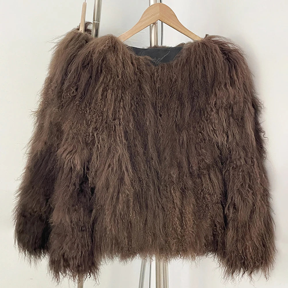 OFTBUY Warm Thick New Autumn Winter Luxury Outerwear Women's Camel Real Mongolian Sheep Fur Coat Curly Natural Fur Jacket Female