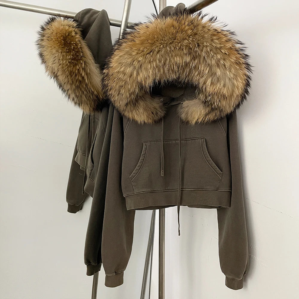 OFTBUY Casual Y2K Hoodie Real Fox Fur Collar Thickened Streetwear Hiphop Hoodie Sweatshirt Vintage Rock Goth Loose Punk Jacket