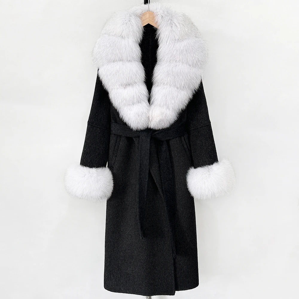 OFTBUY New Women's Double-Faced Wool Coat with Large Real Fox Fur Belted Warm Winter Luxury Fashion Outerwear Woolen Jacket Lady