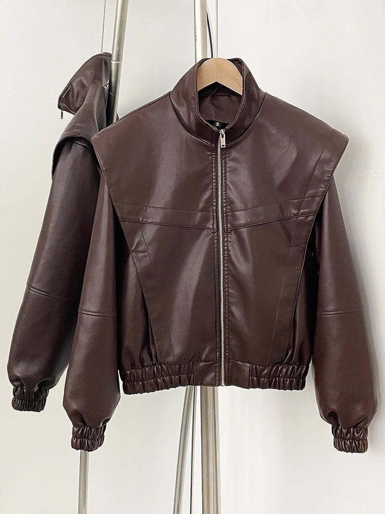 OFTBUY New Spring Autumn Clothes Wholesale Faux Leather Jacket Women Fashion Short Fake Leather Female Short Brown Overcoat Lady