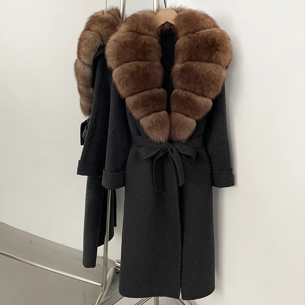 OFTBUY Belted Elegant Warm Outerwear Coat Female Women's Luxury Double-Faced Wool Jacket Winter Oversized Real Fox Fur Collar