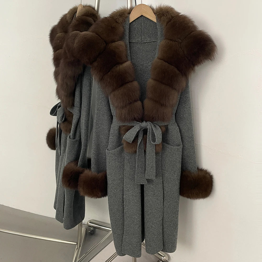 OFTBUY Fashion Warm Belt Real Fox Fur Cardigan New Natural Fur Collar Long Knit Jacket Women Atrumn Winter Top Clothing Female