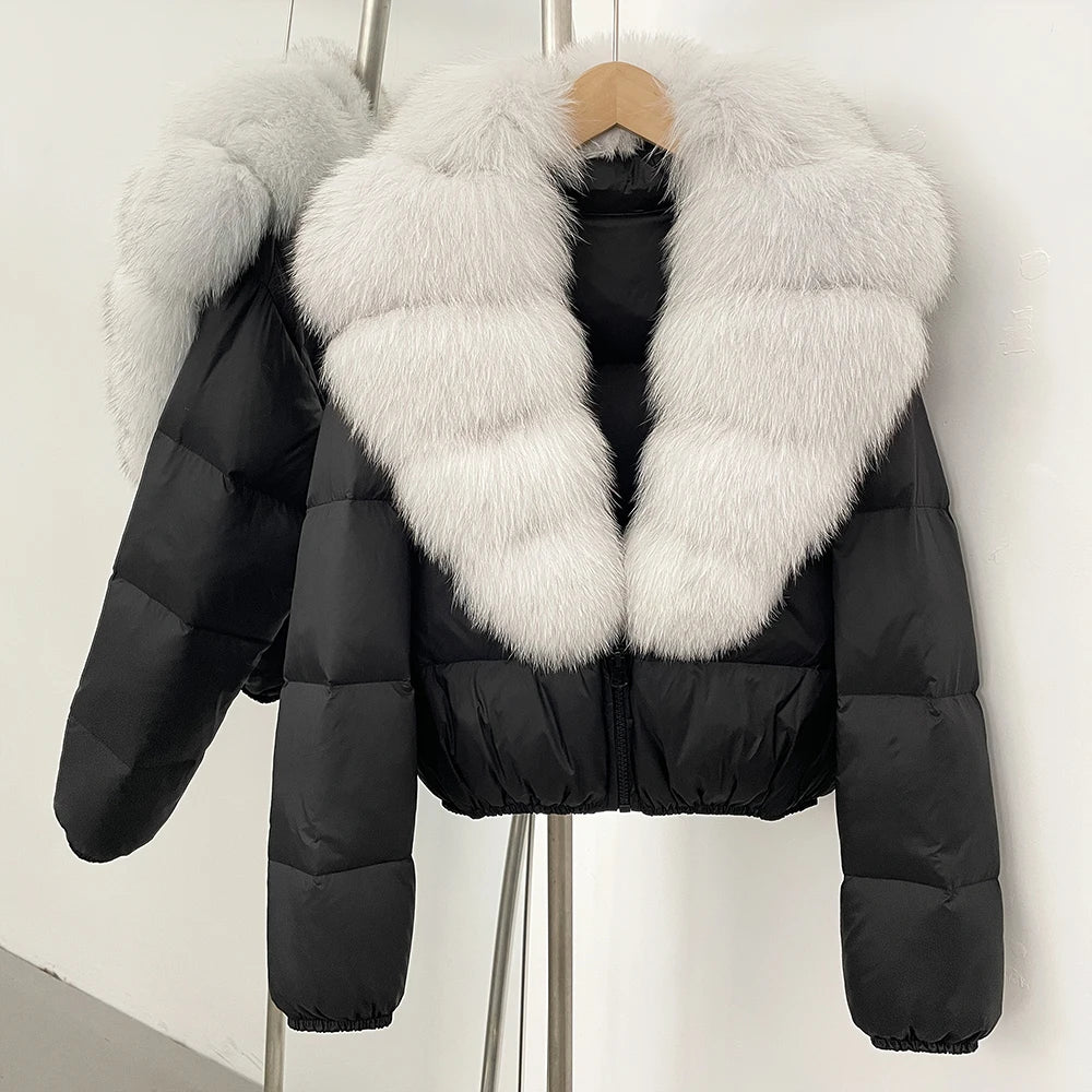 OFTBUY New Puffer Jacket Women with Large Natural Fox Fur Collar Short Fluffy Thick Parkas Female 90% White Duck Down Coat Lady