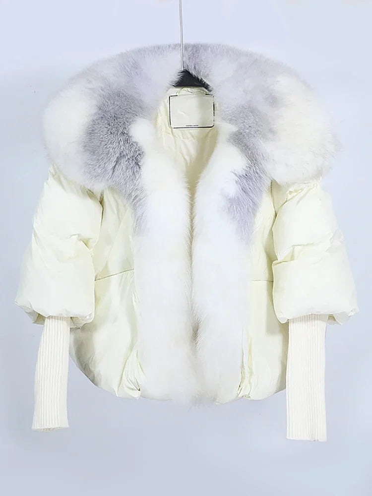 OFTUBY White Duck Down Jacket Winter Women Warm Loose Coat Natural Real Fox Fur Collar Thick Luxury Outerwear New Fashion