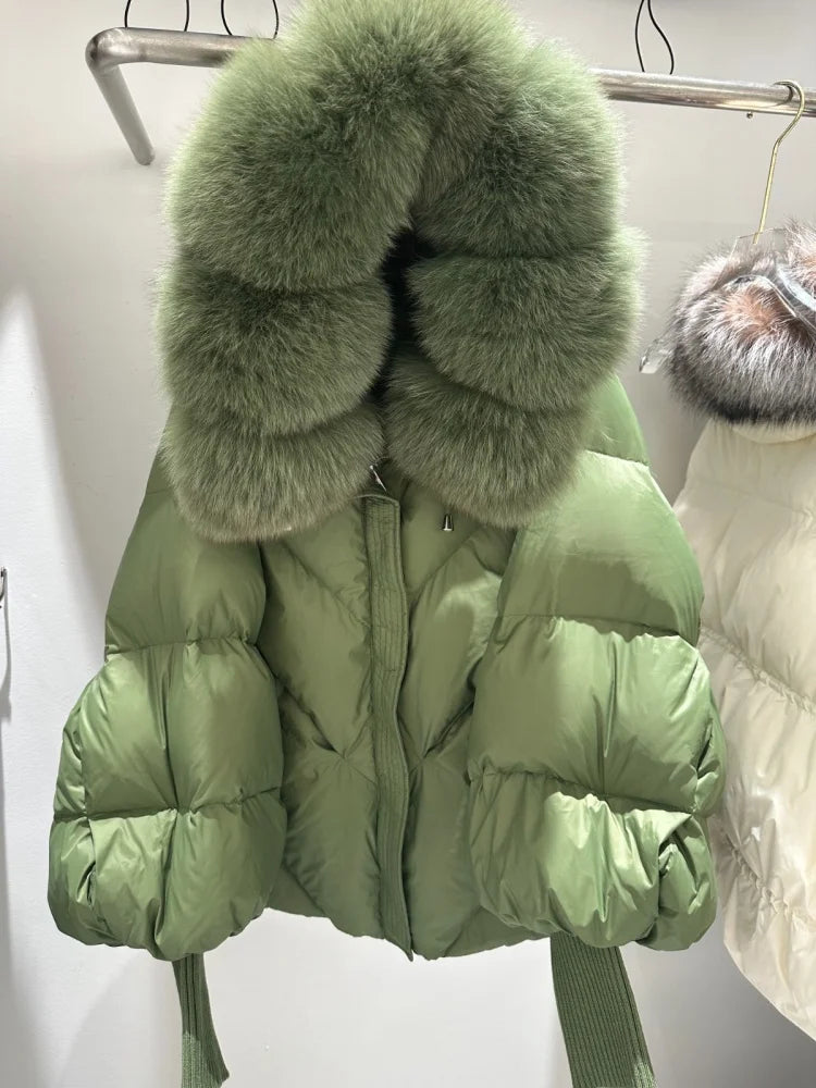 OFTBUY New Winter Large Real Fur Hooded Puffer Jacket Women Thicken Warm Knitted Sleeve Coat Lady White Duck Down Mid Long Parka