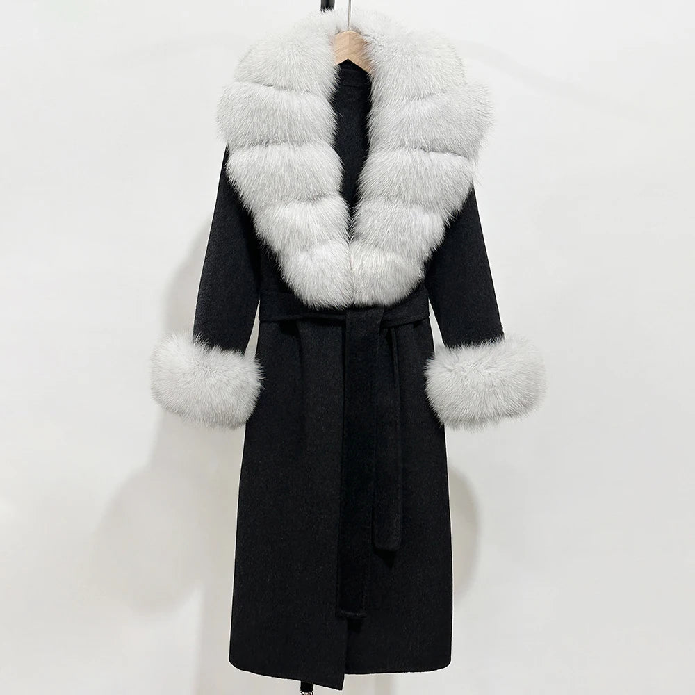 OFTBUY Fashion Warm Woolen Jacket with Real Fox Fur Collar and Cuffs New Autumn Winter Wool Clothing Women Long Belt Outerwear