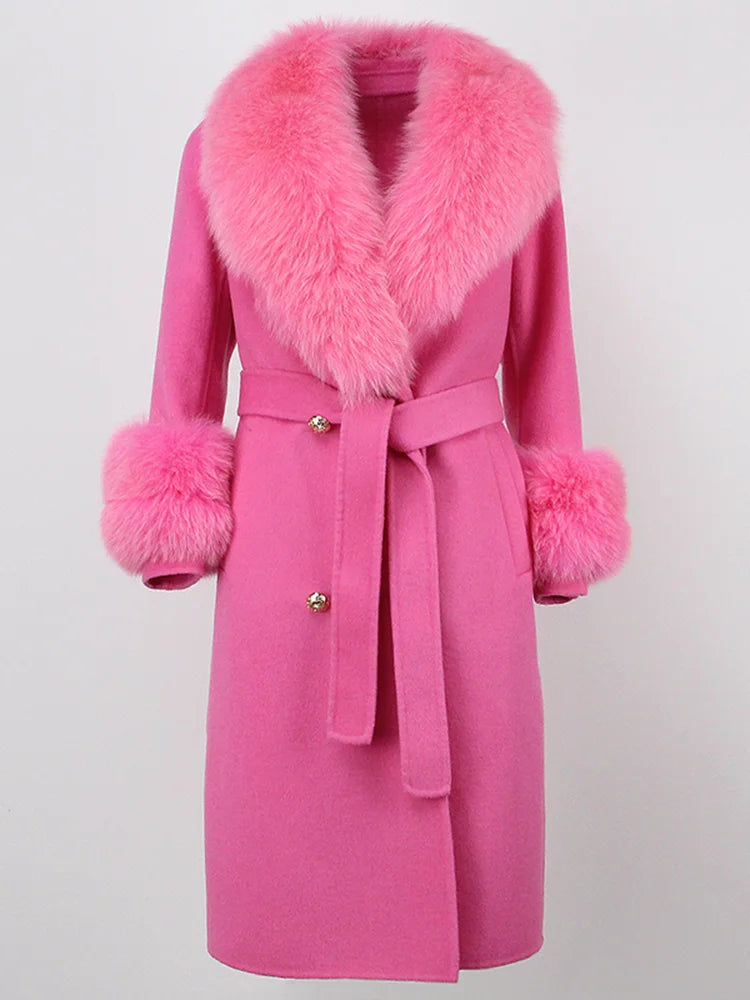 OFTBUY Winter Jacket Women Long Natural Wool Blends Cashmere Real Fur Coat Double Breasted Belt Warm Streetwear New Fashion