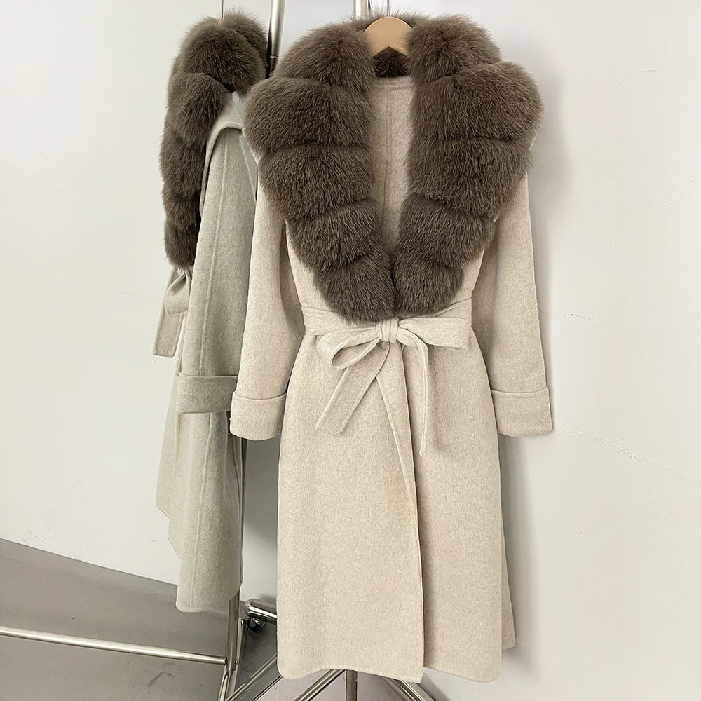 OFTBUY Belted Elegant Warm Outerwear Coat Female Women's Luxury Double-Faced Wool Jacket Winter Oversized Real Fox Fur Collar