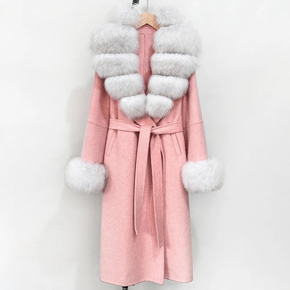 OFTBUY New Women's Double-Faced Wool Coat with Large Real Fox Fur Belted Warm Winter Luxury Fashion Outerwear Woolen Jacket Lady