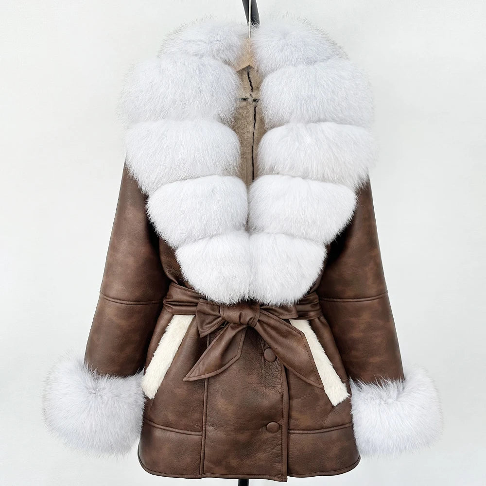 OFTBUY Large Natural Fox Fur Women Faux Leather Jacket Autumn Winter Fashion Ladies Warm Retor Faux Lamb Fur Coat Outwear