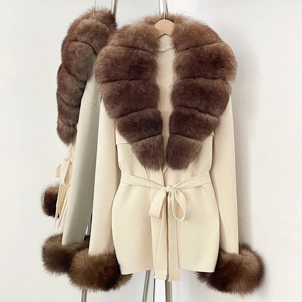 OFTBUY New Women's Knit Cardigan with Real Fox Fur Collar and Cuff Belt Luxury Coat Warm Autumn Fashion Outerwear Sweater Female