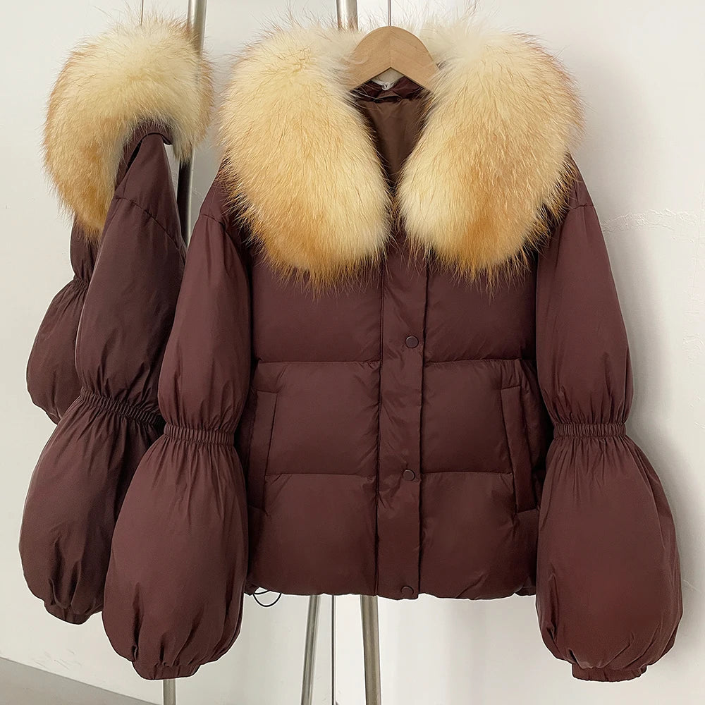 OFTBUY New Winter Loose Top Clothes Women Real Fox Fur Fluffy Puffer Jacket Female Lantern Sleeves Natural Fur Collar Down Coat