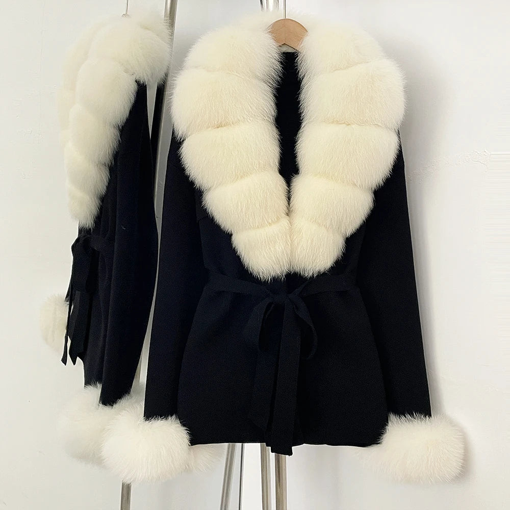 OFTBUY New Women's Knit Cardigan with Real Fox Fur Collar and Cuff Belt Luxury Coat Warm Autumn Fashion Outerwear Sweater Female