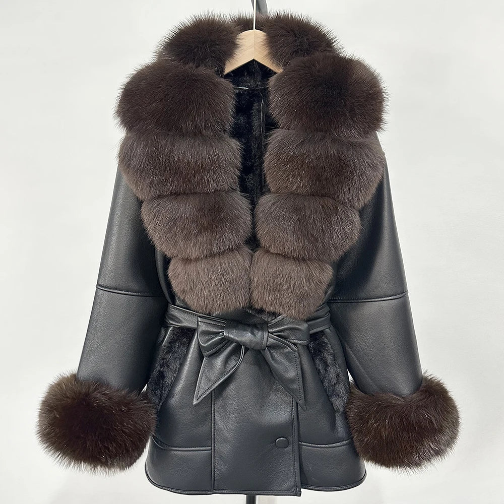 OFTBUY Large Natural Fox Fur Women Faux Leather Jacket Autumn Winter Fashion Ladies Warm Retor Faux Lamb Fur Coat Outwear
