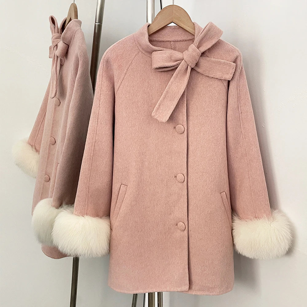 OFTBUY Warm Long Sleeves Woolen Jacket Female New Autumn Winter Clothes Women Fashion 100% Wool Coat with Real Fox Fur Cuffs =