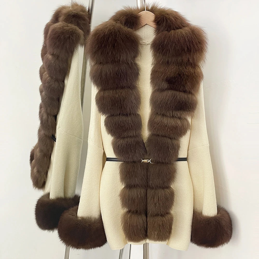 OFTBUY Belt Textured Knit Warm Winter Luxury Outerwear Female Sweater Cardigan New Women's Knit Coat with Large Real Fox Fur