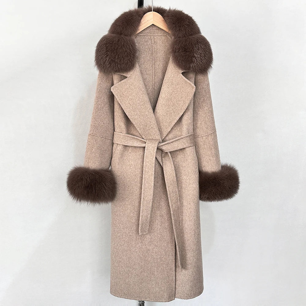 OFTBUY Belted Long Warm Winter Elegant Fashion Outerwear New Women's Double-Faced Wool Coat with Real Fox Fur Collar and Cuffs